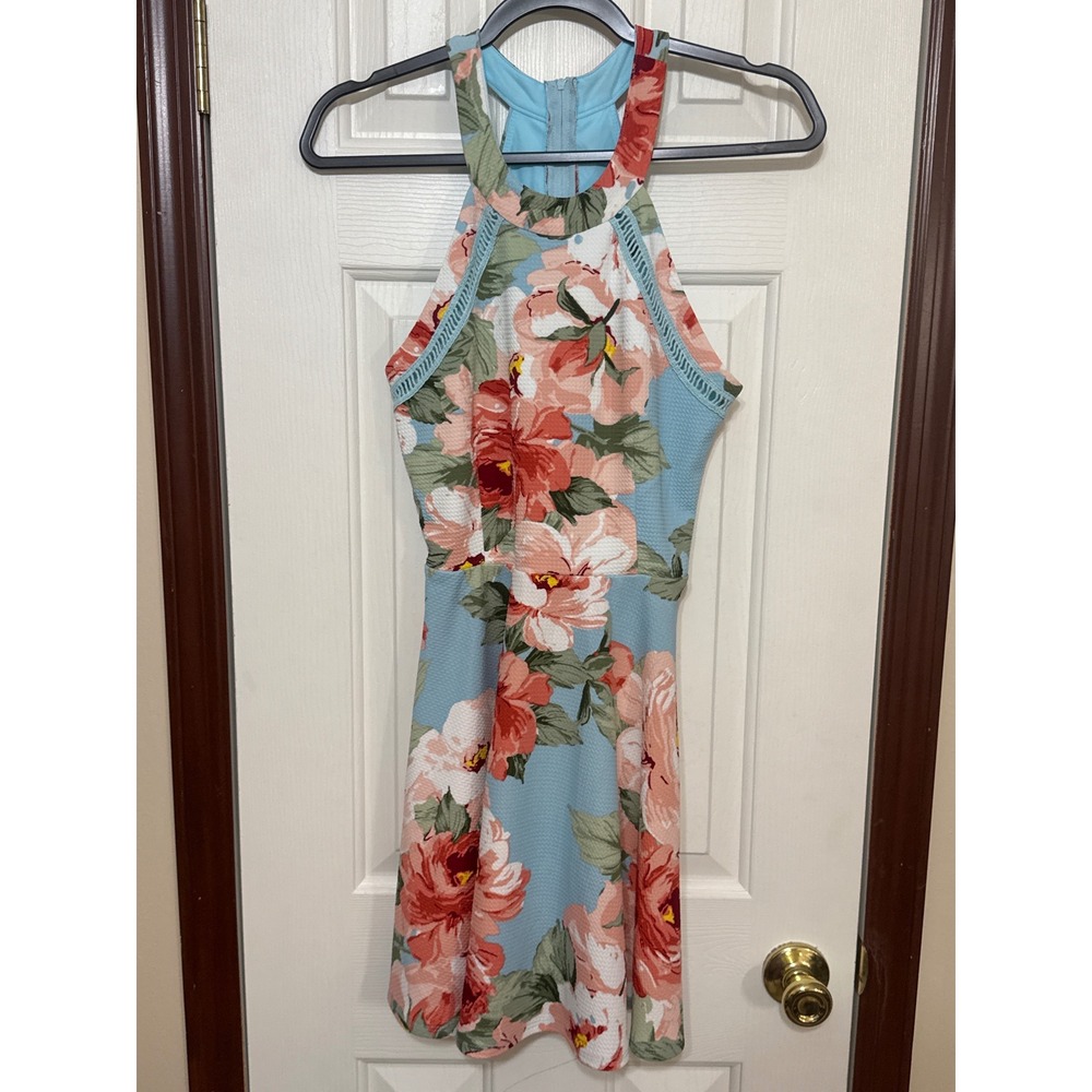 Crystal Doll Floral Halter Dress Sleeveless Party Cocktail Aqua Pink‎ Size 5